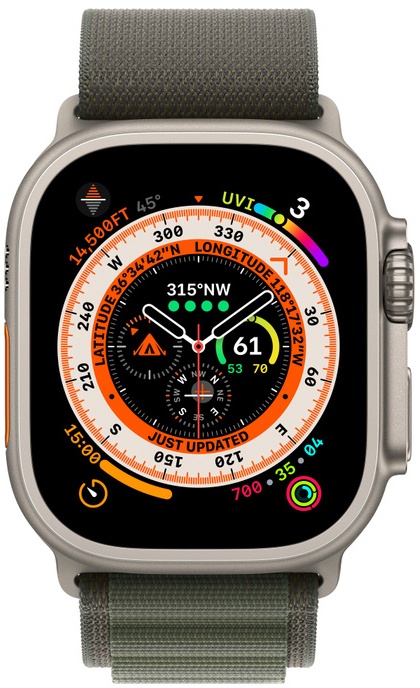 Apple Watch Ultra GPS + Cellular 49mm Titanium Case with Green Alpine Loop - Medium MQEW3/MQFN3