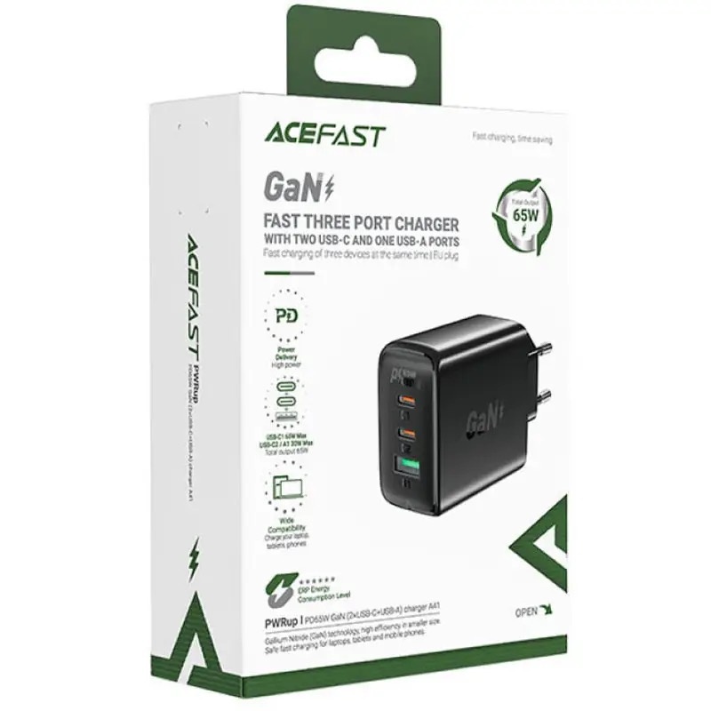 Мережевий зарядний пристрій ACEFAST A41 PD65W GaN (2*USB-C+USB-A) charger Black AFA41B