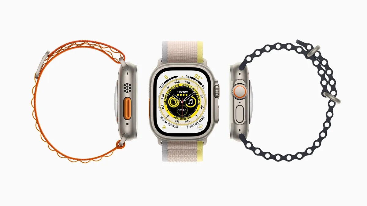 Apple Watch Ultra GPS + Cellular 49mm Titanium Case with Yellow/Beige Trail Loop M/L MQFE3
