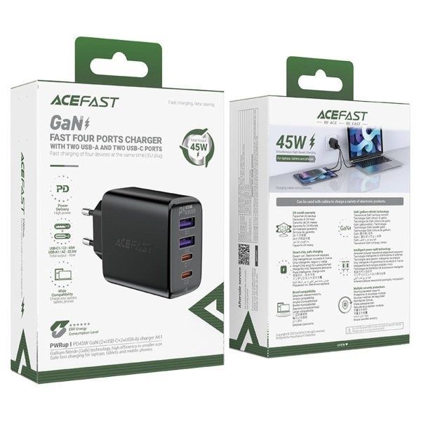 Адаптер Acefast A61 GaN 2xUSB-C + 2xUSB-A PD45W Black
