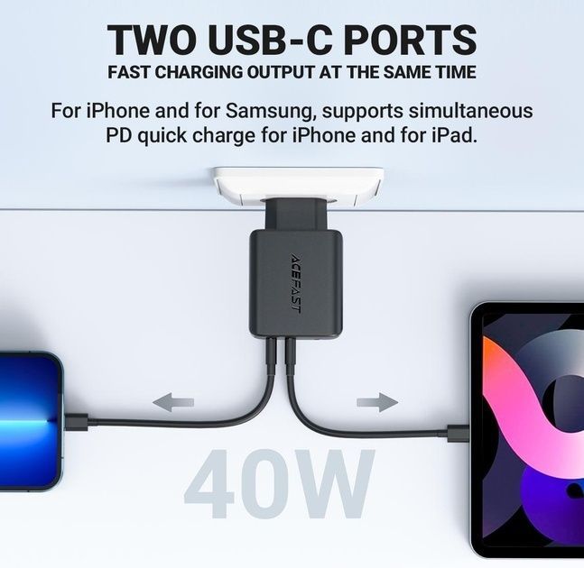 Адаптер Acefast A9 USB-C+USB-C PD 40W White