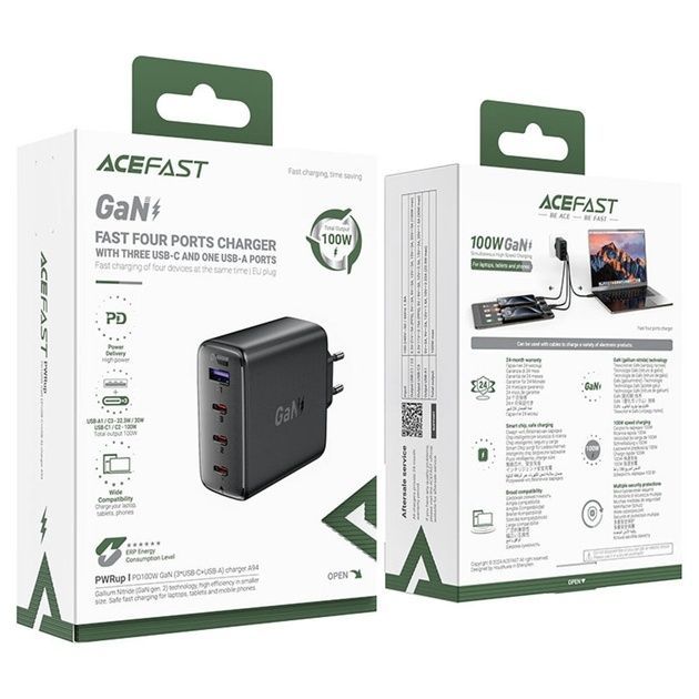 Мережевий зарядний пристрій Acefast A94 PD100W GaN 3xUSB-C+USB-A Black