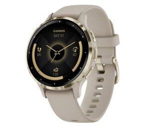 Garmin Venu 3S Soft Gold Stainless Steel Bezel French Gray Case and Leather Band 010-02785-55