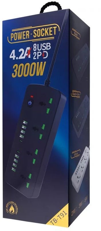 Мережевий фільтр T91 (4 розетки + 8 USB + 2 Type-C) 2 метра Black