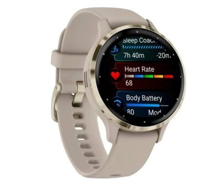 Garmin Venu 3S Soft Gold Stainless Steel Bezel French Gray Case and Leather Band 010-02785-55