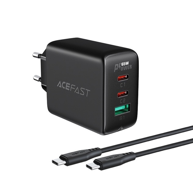 Комплект Acefast A13 адаптер 2xUSB-C + USB-A 65w + кабель USB-C to USB-C Black