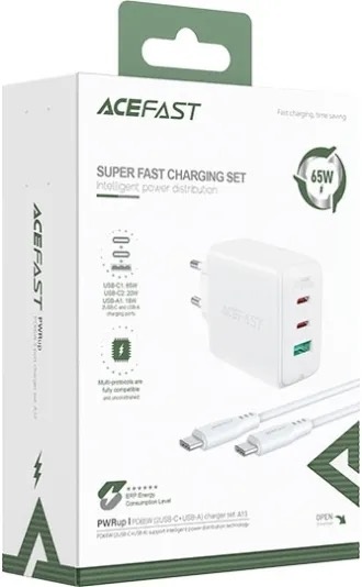 Комплект Acefast A13 адаптер 2xUSB-C + USB-A 65w + кабель USB-C to USB-C White