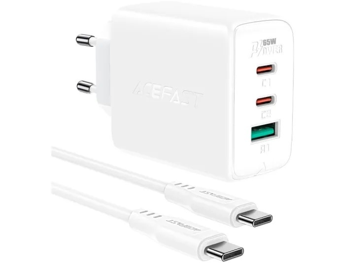 Комплект Acefast A13 адаптер 2xUSB-C + USB-A 65w + кабель USB-C to USB-C White