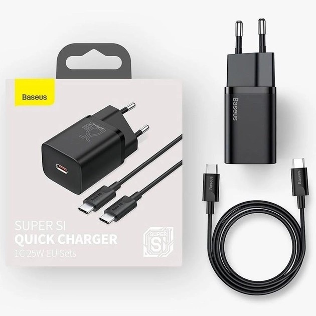 МЗП Baseus Super Silicone PD Charger 25W 1Type-C + Cable Type-C to Type-C ЗА 1m Black TZCCSUP-L01