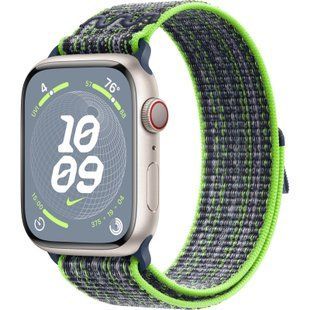 Apple Watch Series 9 45mm Starlight Aluminum Case with Bright Green/Blue Nike Sport Loop MR9P3