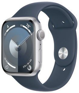Apple Watch Series 9 45mm Silver Aluminum Case with Storm Blue Sport Band - S/M MR9D3
